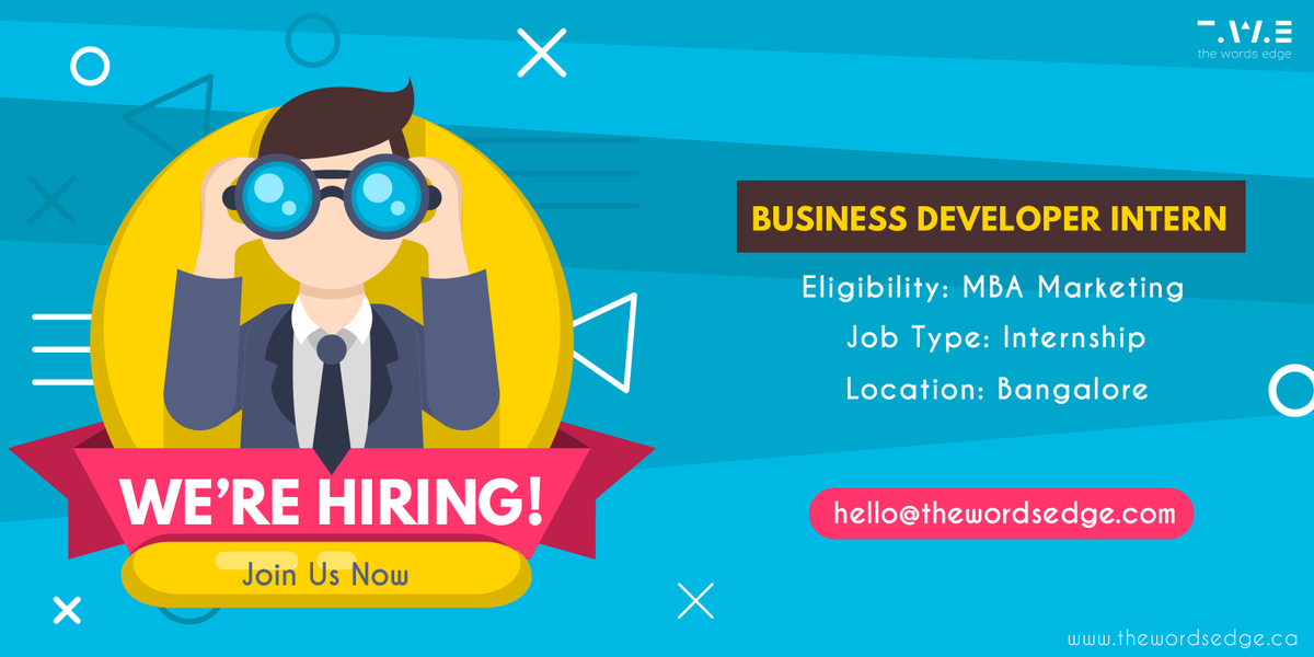 the_wordsedge's tweet photo. We are hiring for the positions below.👇Please send in your resumes and work samples to hello@thewordsedge.com‼️ 😍
Job Type: Full-time/Internship
Location: HSR Layout, Bangalore
#TheWordsEdge #BusinessDevelopmentIntern #GraphicDesignerIntern #GDIntern #ContentEditor https://t.co/Kt9CpxvX8a