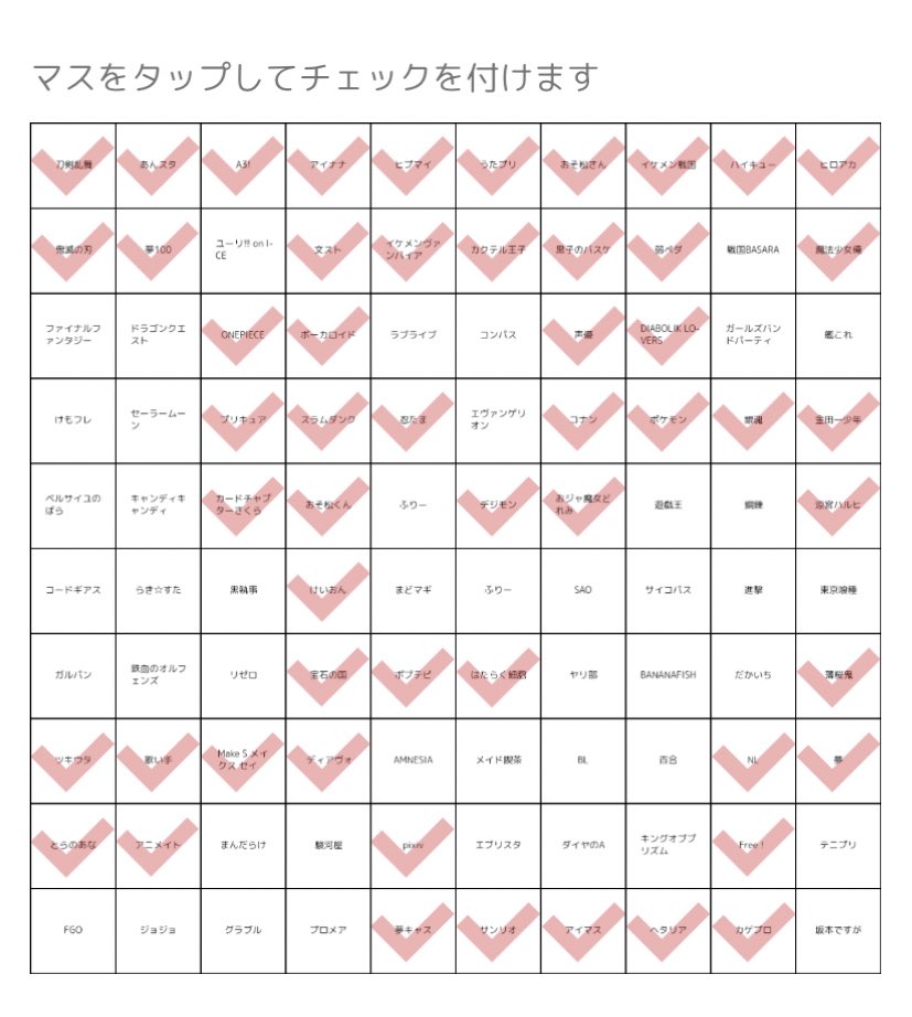 七汐 葵 女オタクの通った道ビンゴなるものをやったんだが １番上全部どハマりしたジャンルでビンゴになったべさ T Co Xhrmrhxowo Twitter