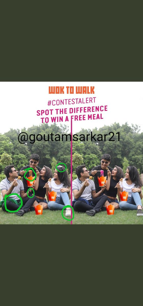goutamsarkar21's tweet photo. @WokToWalkIND Spotted differences &amp; marked them

#ContestAlert
#KeepWoking #OrderNow #Wok #WokToWalk #AsianFood #Quick  #Fresh #BigWIn #Giveaway

@WokToWalkIND 
Join
@Rittick22 
@avii4ever 
@Jyoti14300 
@GOPAL03738040 
@cool_bindra
@abha_mishra19 https://t.co/bsQTyKXXkS