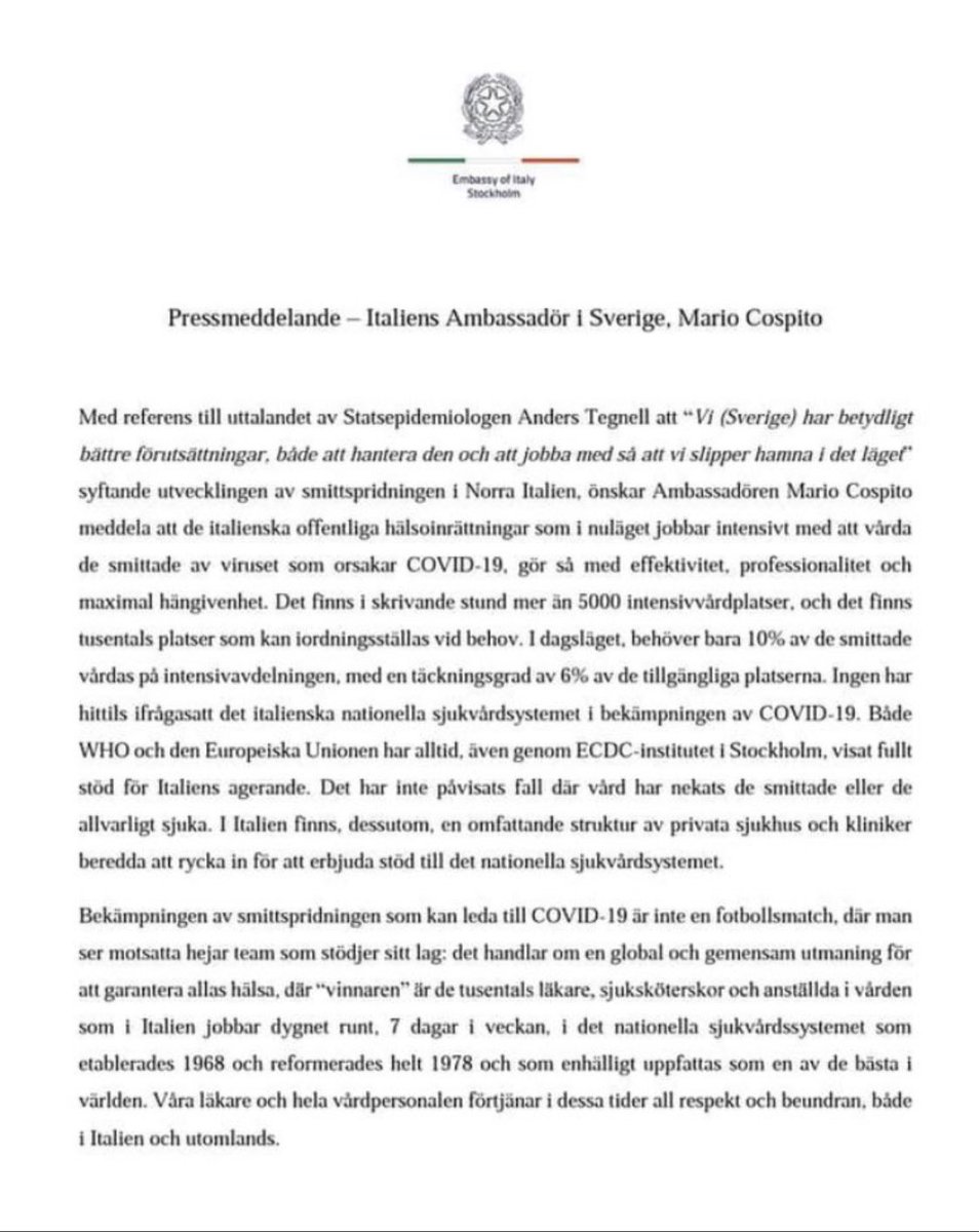 Italiens ambassadör ber Anders Tegnell att dra åt helvete på diplomat språk! 💪🇮🇹