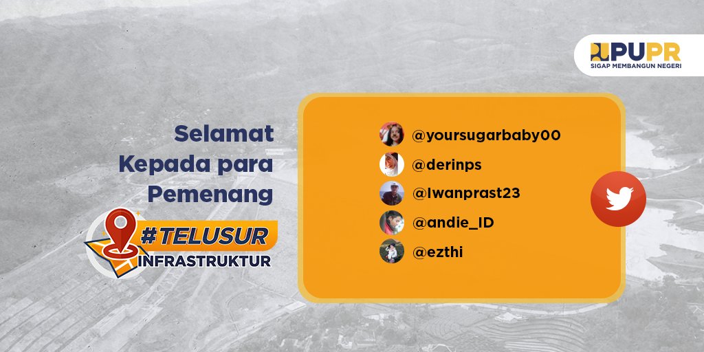 KemenPU's tweet photo. Selamat pada pemenang #TelusurInfrastruktur yg kedua! Silakan kirimkan data diri (nama, alamat, dan nomor telepon) melalui DM ya 😁 https://t.co/Qf0rwM9fzj