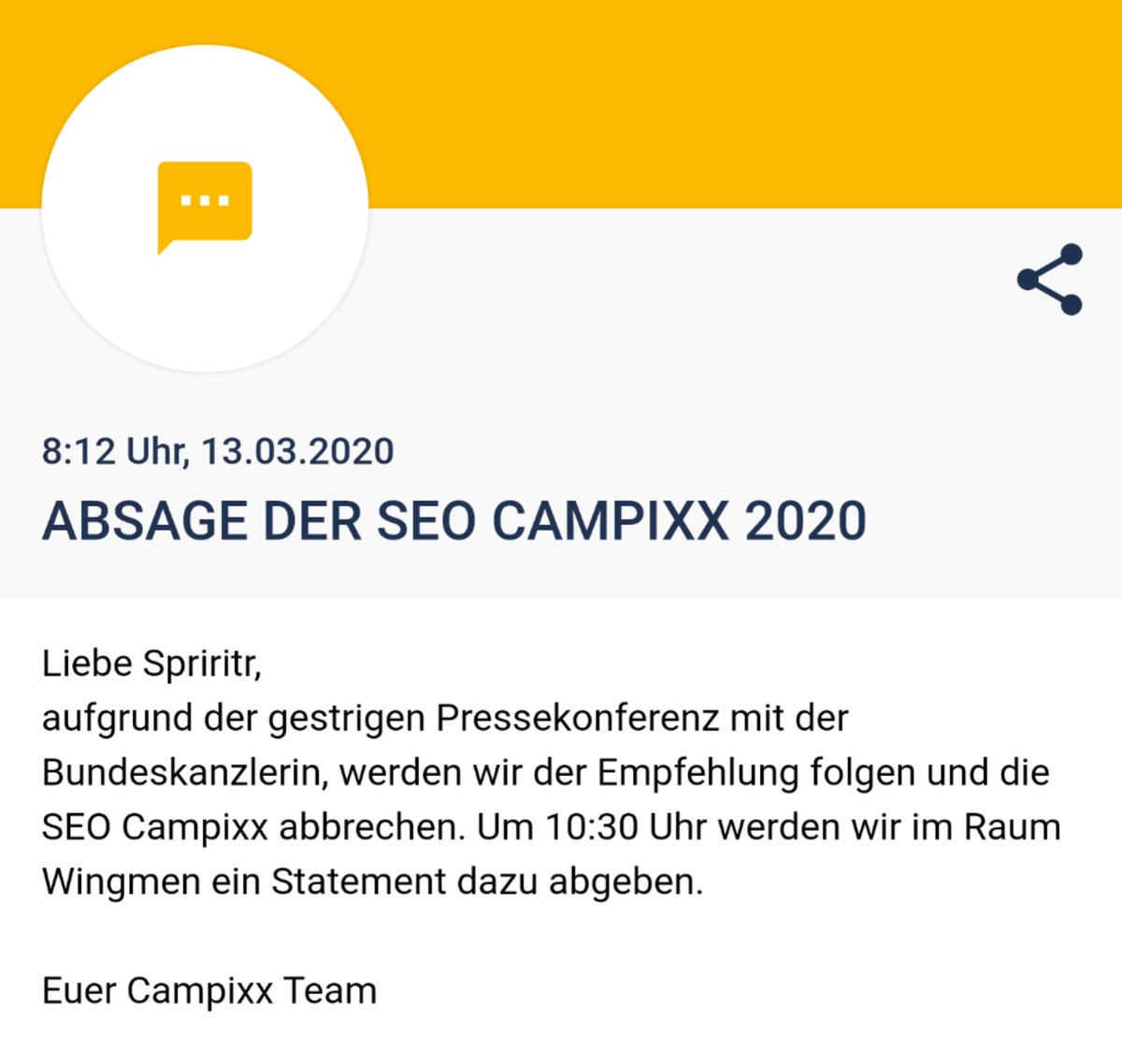 Sehr schade, aber sehr verständlich. Danke für einen top 1. Tag &amp; eine tolle #Contentixx! Nächstes Jahr wieder ohne Corona!

#campixx #seocampixx #Covid_19 #coronixx