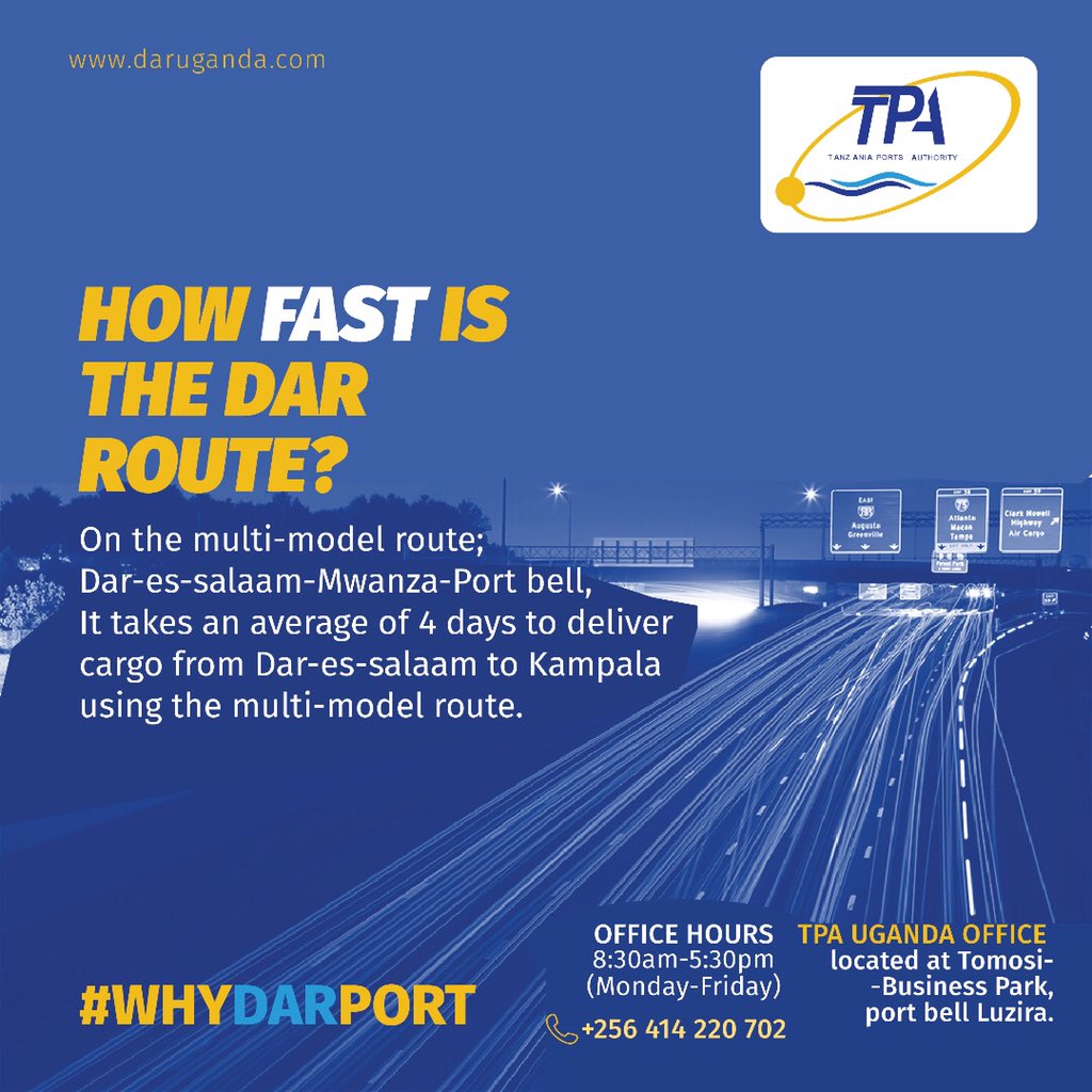 genoeric1's tweet photo. One of the key factors for a successful business is time management, for those who ship in products know how tiring it is to wait for their cargo .
With this port you could take an average of 4 days from Dar es Salaam to Kampala. #WhyDarport https://t.co/Zd2P0uT1PJ