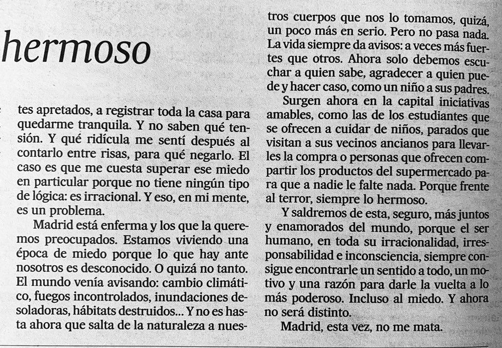elvirasastre's tweet photo. «Frente al terror, siempre lo hermoso».
Unas palabras de aliento para estos días de respirar hacia dentro.
Hoy, en El País.
#madridmemata
#elMadriddeSastre
@el_pais @el_pais_madrid https://t.co/xfU3SP8LPP