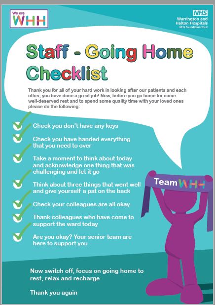 Looking after yourself is really important.  Remember your Going Home Checklist. If you need any extra support speak to your manager or contact CareFirst. #ItsOkNotToBeOk #lookafteryourself #lookaftereachother #staffmatter @WHHNHS
