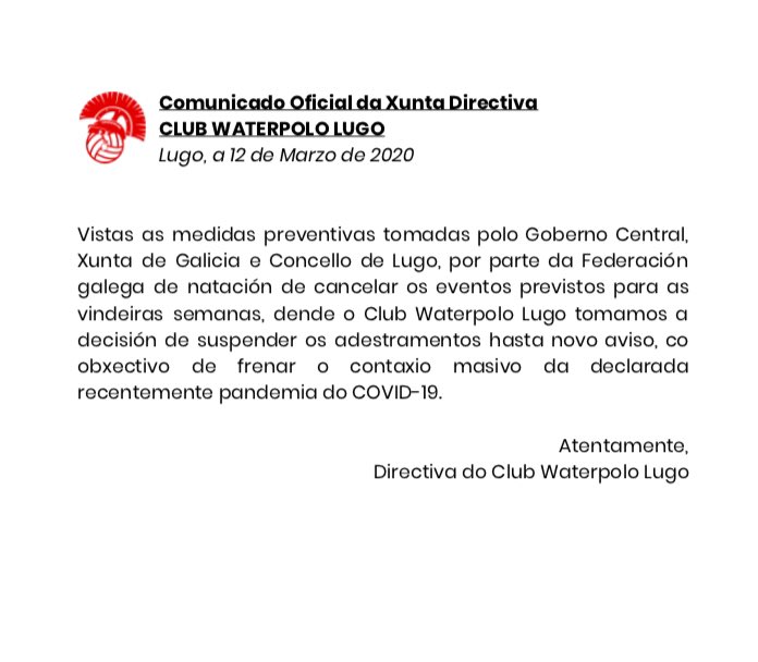Dende hoxe ata novo aviso, quedan suspendidas as actividades do clube. Con esta medida, queremos contribuir a frear o avance do COVID-19. #LugoLugo