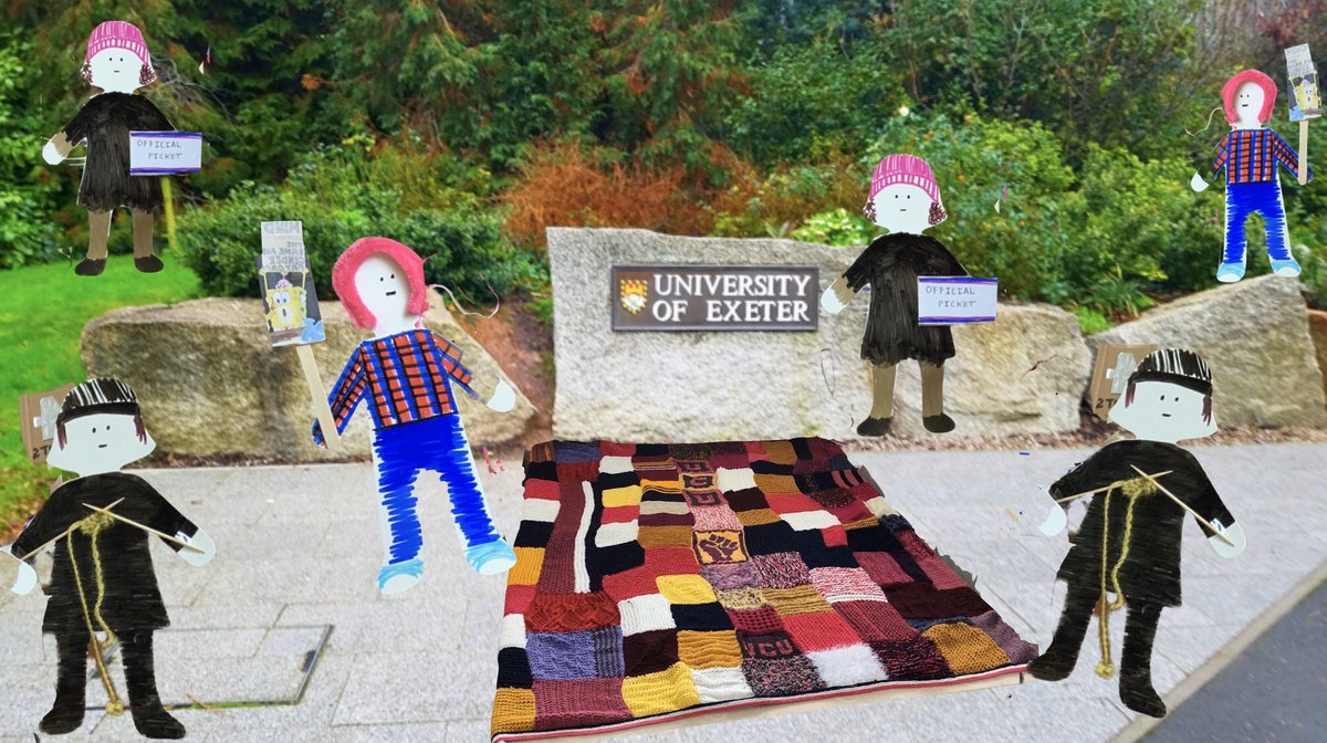 craftgeography's tweet photo. .@ExeterUCU members practice #SocialDistancing in public using the #blanketofsolidarity as a measuring tool and vehicle of protest as they continue to take action on #fourfights #digitalpicket #ussstrikesback #covid-19 #craftivism https://t.co/blS3htlkiC