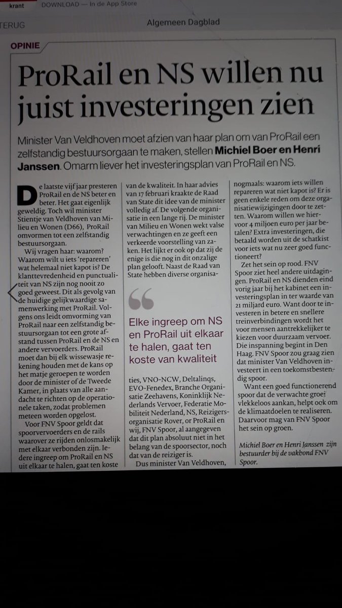 In het <a href="/ADnl/">AD.nl</a> van vandaag over onzalige plan van <a href="/SvVeldhoven/">Stientje v Veldhoven</a> om ProRail tot ZBO om te vormen. 
Waarom iets repareren wat helemaal niet kapot is?

Beter nu aansluiten bij het investeringsplan van <a href="/NS_online/">NS online</a> en  <a href="/ProRail/">ProRail</a>
 <a href="/BosFreek/">Freek Bos</a> <a href="/VNONCW/">VNO-NCW</a> <a href="/walteretty/">walter etty</a> <a href="/ROVER_online/">Reizigersver. ROVER</a> <a href="/MichielBoerFNV/">Michiel Boer</a>