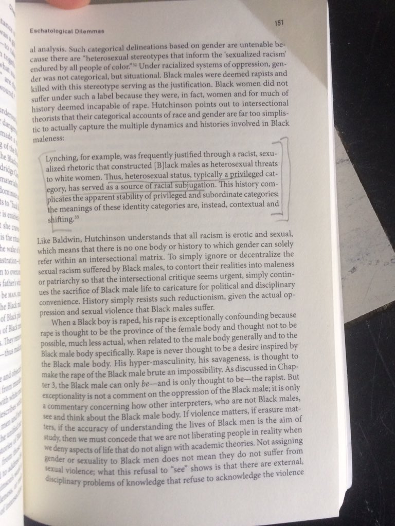 GalievSultan's tweet image. « To simply ignore or decentralize the sexual #racism suffered by Black males, to contort their realities into maleness or #patriarchy so that the intersectional critique seems urgent, simply continues the sacrifice of Black male life »

Tommy J. Curry

#ManNot

#ThinkingMonkey