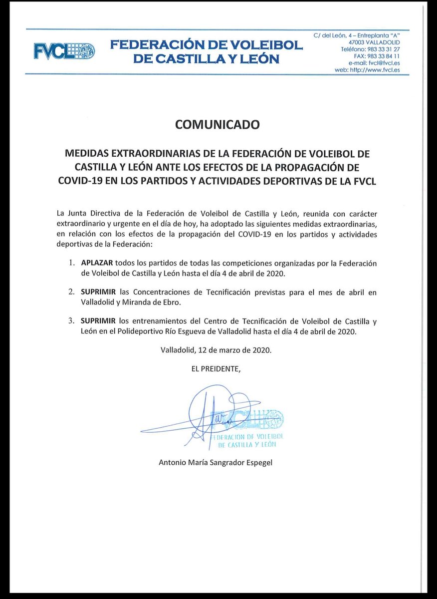 La Federación Regional de Voleibol comunica el cese de sus actividades hasta el próximo 4 de abril.