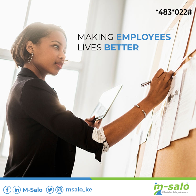 Msalo_Ke's tweet photo. Everyday is a day to reflect on how you can make your employees’ lives a whole lot better. Sign up for M-Salo today and find out how to take full advantage of our Affordable Salary Advance solution.

Call us today:0727 224060/0734 224060
 #Simple #Quick #Convenient https://t.co/aL2eUqcMJ0