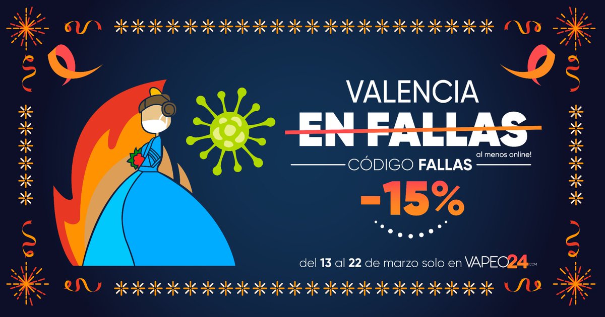 vapeo24's tweet photo. Recapitulando: sabemos que los mejores remedios para frenar al #coronavirus son lavarse bien las manos, toser en el codo... ¡y un buen código de descuento! 🔥

Así que ahí va nuestro descuentazo del 15% que os teníamos preparado  por las #Fallas de Valencia ☺️

📲  CÓDIGO: FALLAS https://t.co/1sUqtCYoeN