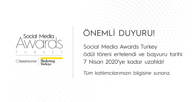 Tüm dünyada hızla yayılan Koronavirüs sebebiyle gelen talepler doğrultusunda ödül törenimiz 17 Haziran'a ertelenmiştir. Bu erteleme, yarışmaya başvuru için katılımcılarımıza ek süre tanımamıza imkan sağladığı için başvuru dönemi son kez 7 Nisan 2020 tarihine dek uzatılmıştır.