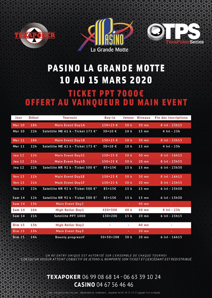 ♠️♥️ TPS La Grande Motte - Buy-in 175 € ♦️♣️

✅ Day 1C > 184 entrées au total pour 52 left

✅ DAY 1E > ce vendredi à 12h00 

✅ DAY 1F > ce vendredi à 21h00 

#TPSLaGrandeMotte
#PPTisback
#Partouche
#Texapoker