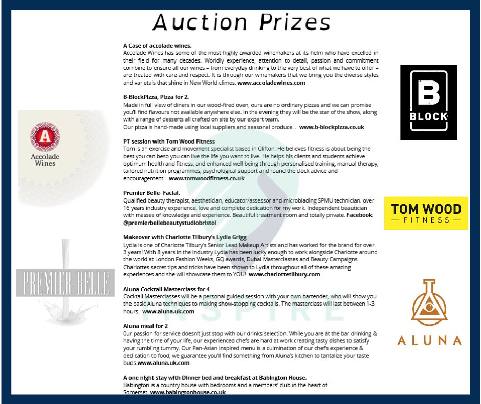 Have a look at some of the brilliant Auction prizes up for grabs at our event on the 18th
A massive thank you to <a href="/AccoladeWines/">Accolade Wines</a>, @BBlockPizza, @TomWoodFitness, @premierbellebeauty <a href="/alunauk/">ALUNA</a> <a href="/sohohouse/">Soho House</a> and Charlotte Tilbury's Lydia Grigg
Book here buff.ly/2W79kqp