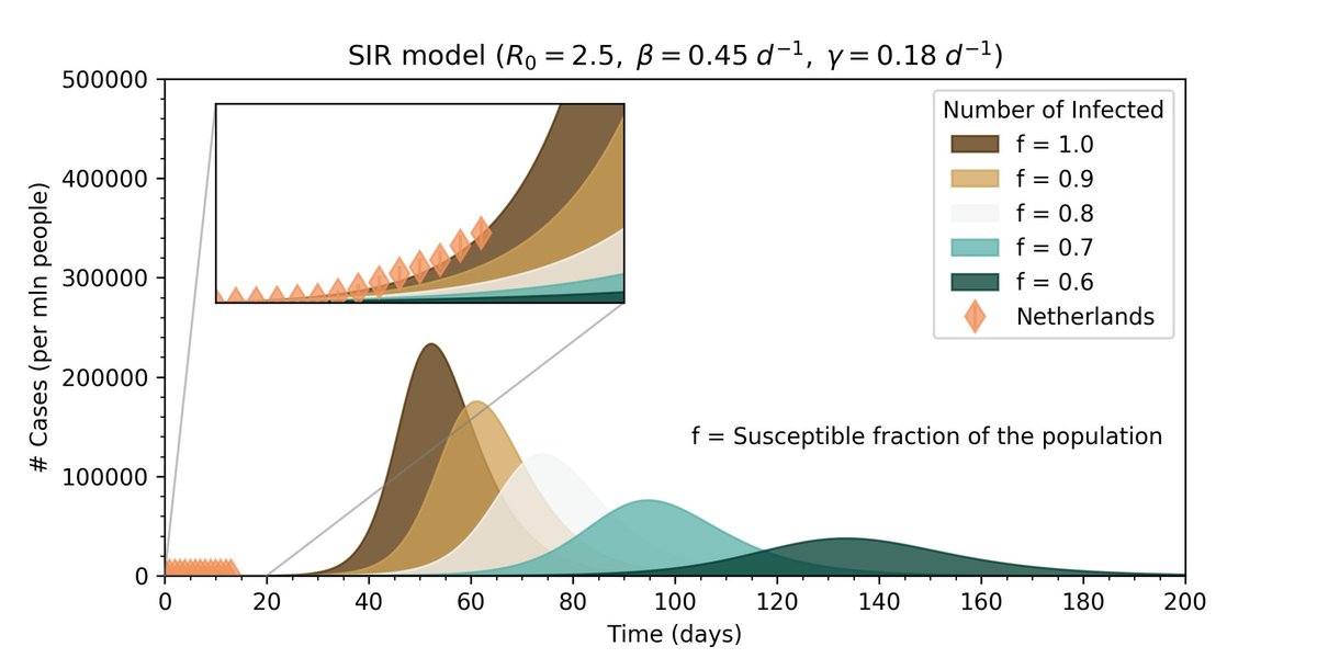 ldeangelisphys's tweet photo. Yesterday I played with the SIR model, famous #epidemiology tool.  This predicts how social isolation can dramatically change the dynamic of an epidemic outbreak.

The #NL data doesn't look promising again. We must offer our effort to #FlattenTheCurve.

#COVID19 #COVID19NL https://t.co/EBI31gJCI3