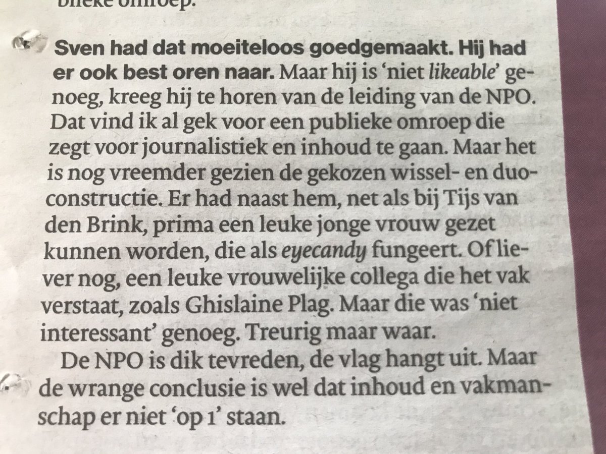 Volgens AngeladeJong hoeft een vrouwelijke presentator van ⁦@op1npo⁩ allleen te fungeren als #eyecandy. Als zij haar vak dan ook nog verstaat, is dat mooi meegenomen. Wake up, Angela