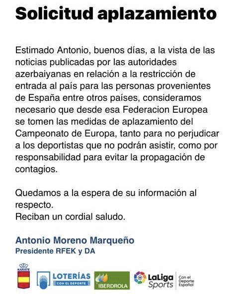 RFEKarate's tweet image. El equipo español cancela su asistencia al Europeo de Bakú.
Se solicita a la WKF un aplazamiento del mismo por la situación epidémica que estamos viviendo.
Azerbaiyán restringe la entrada a diferentes nacionalidades,entre ellas,la española.
Esperamos noticias de la WKF.