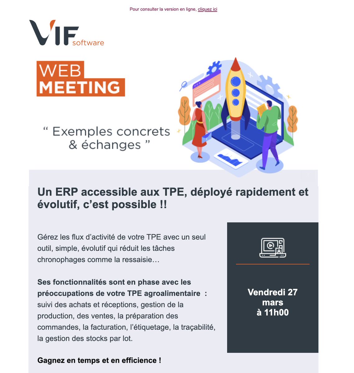 VIF_software's tweet photo. [WebMeeting le 27 mars] Découvrez en 30 min chrono les gains potentiels obtenus avec le logiciel ERP conçu pour les TPE. https://t.co/sBy7ITGS5f #ERP #TPE https://t.co/AAuzeVUsgT