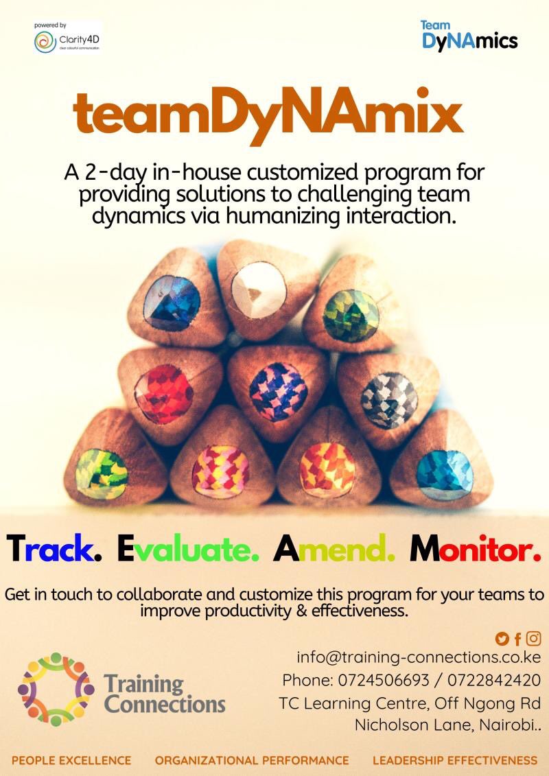 TrainingKenya's tweet image. New Program Alert - teamDyNAmix : A program aimed at providing solutions to challenging team dynamics via humanizing interaction. 

This program is only available as an in-house option focusing on functional/cross-functional and working teams. Get in touch - details on the flier.