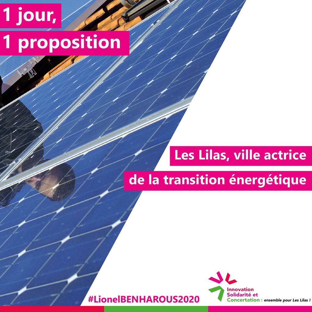 #UnJourUneProposition #Ecologie
La transition énergétique est indispensable, la Ville des Lilas doit prendre sa part dans cette évolution : panneaux et cadastre solaires, centrale géothermique, récupération des eaux de pluie, réduction du bilan carbone... #LionelBenharous2020