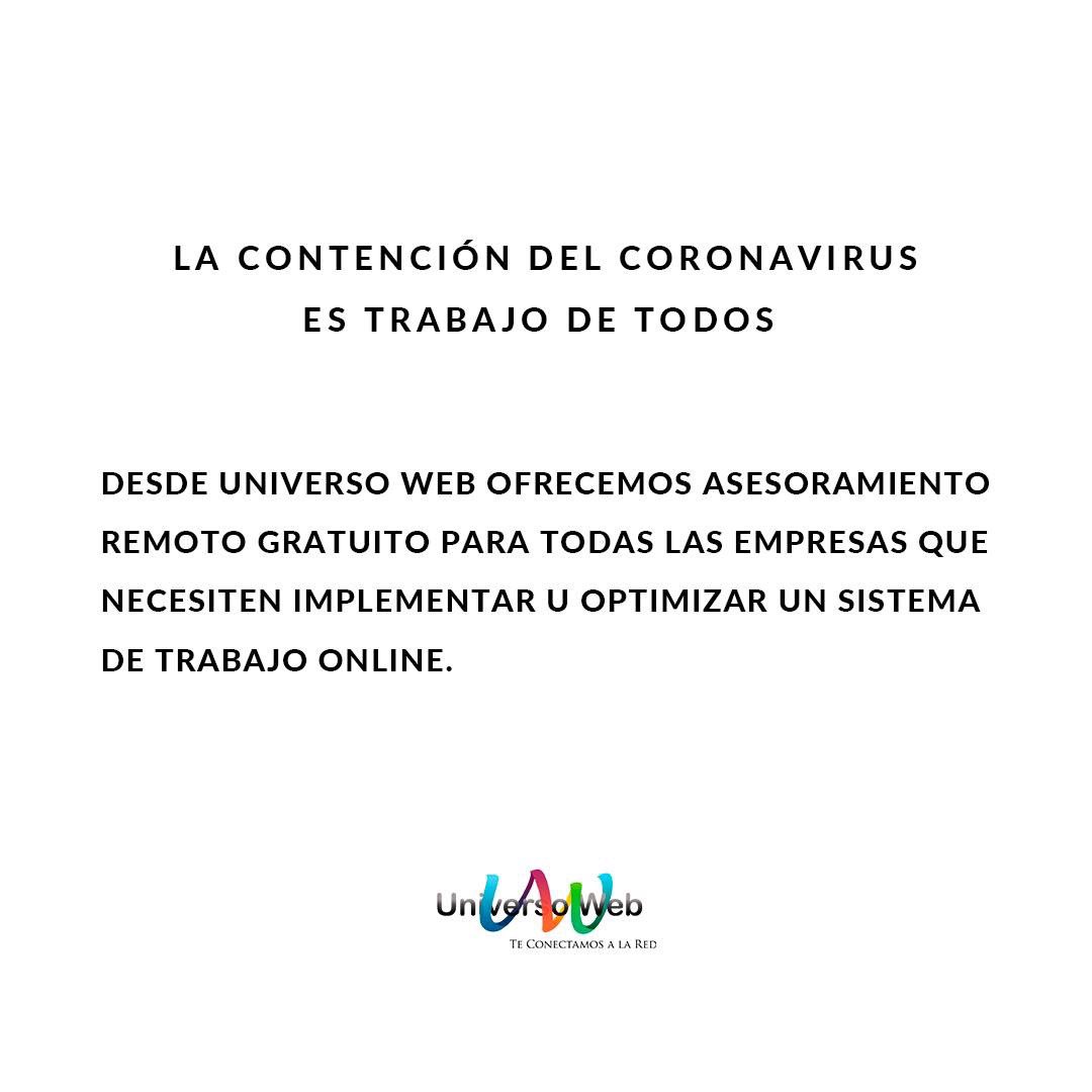 UniversoWeb_Esp's tweet photo. La contención del Coronavirus es trabajo de todos

Desde #UniversoWeb queremos aportar con nuestra experiencia y conocimientos a la contención de nuevos contagios a través de asesoramientos remotos gratuitos a aquellas empresas que lo necesiten. #quedateencasa https://t.co/GCs1aFlw1A
