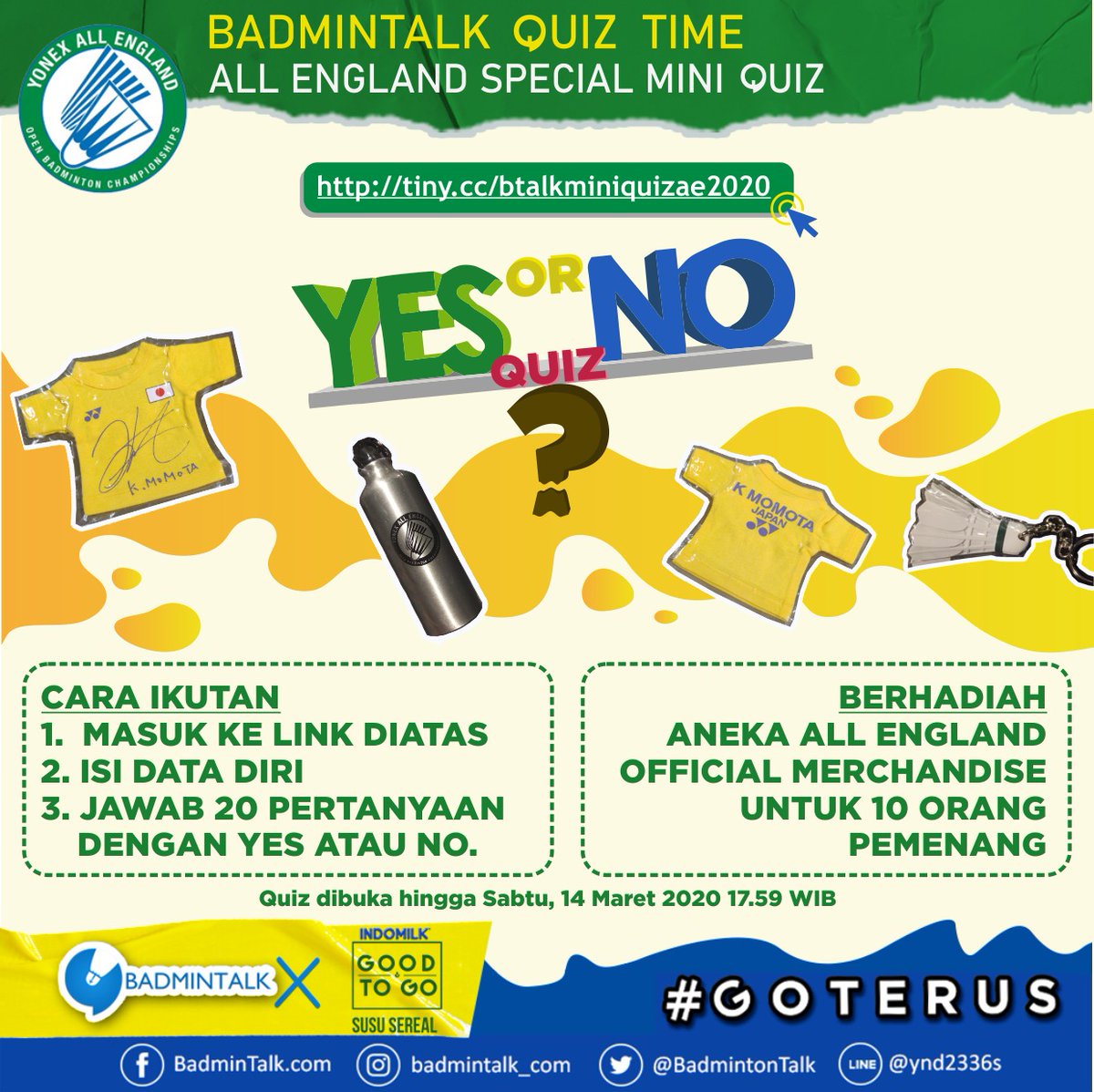 BadmintonTalk's tweet photo. BREAKINGGG
#YAE20 Mini Quiz is officially opened!!

- Log on to https://t.co/i8csXe9mRC 
- RT+LIKES
- Tweet this quiz poster

Easy, just answer 20 questions with
YES or NO

and 10 followers with highest points will win the prizes!

#PejuangAllEngland2020 #BtalkQuiz2020AE1000 https://t.co/7Y1gPfh0f1