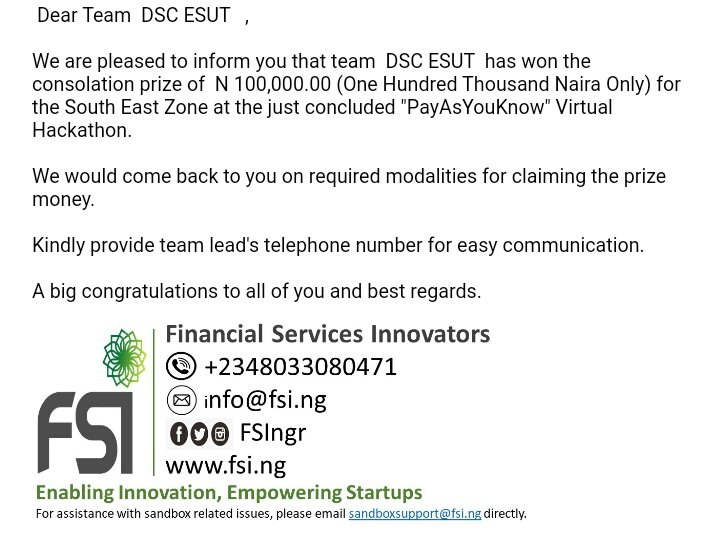 kescript's tweet photo. Congratulations to #DSCESUT! Winners of the #PayAsYouKnow #FSIhackathon Southeast. #Enugu #GDGENUGU To the world!
@Sterling_Bankng https://t.co/txJ6Zt7rgh