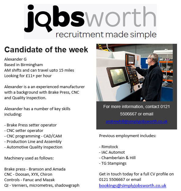 JobsworthRec's tweet photo. Candidate of the week time! ⏰

Would your business benefit from a member of staff with this level of experience? 

Could you do with an extra pair of hands on shift?

📲💻📞

#QualityCandidate #Production #CNCSetter #BreakPress #RecruitmentMadeSimple #Jobsworth #JobSearch https://t.co/NUlJpo92Jg