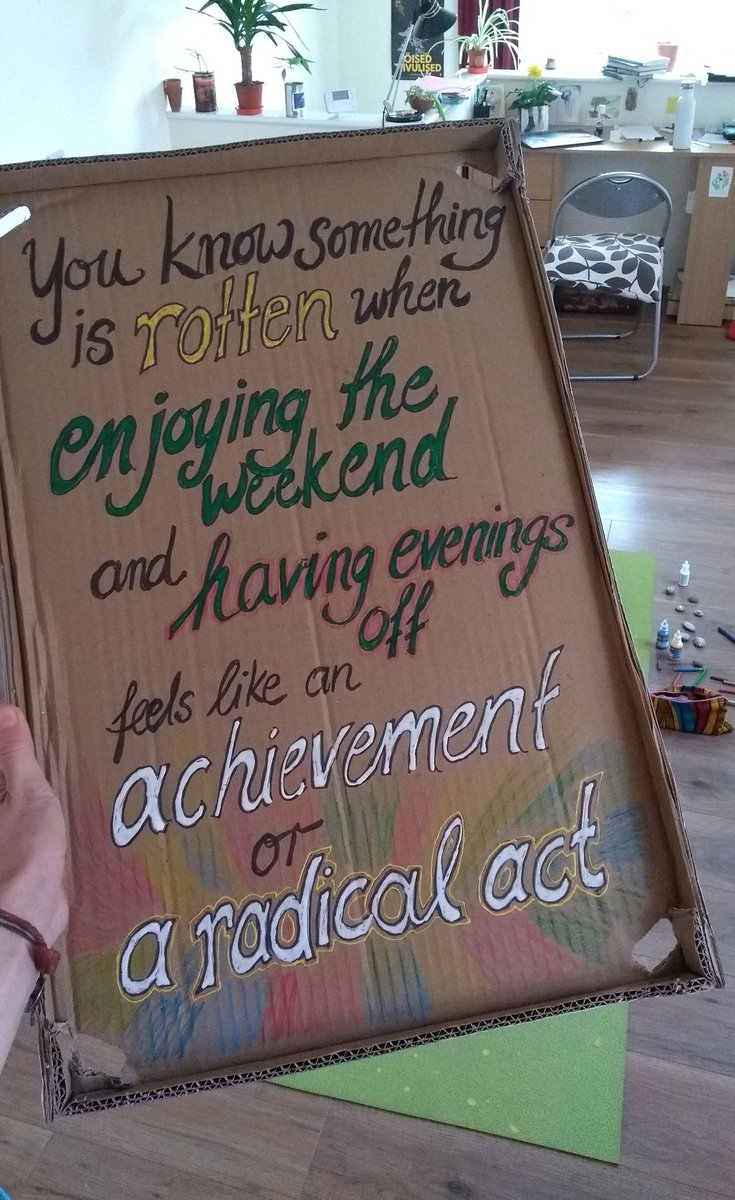 christina_weis's tweet photo. "You know something is rotten when enjoying the weekend and having evenings off feels like an achievement or a radical act."

My #UCUstrike placard for today.

As active picketing has stopped cuz of #COVID19, UCU comrades, help me make it seen! 

#UCUstrikes #UCUstrikesback https://t.co/GHQVwaSdhB