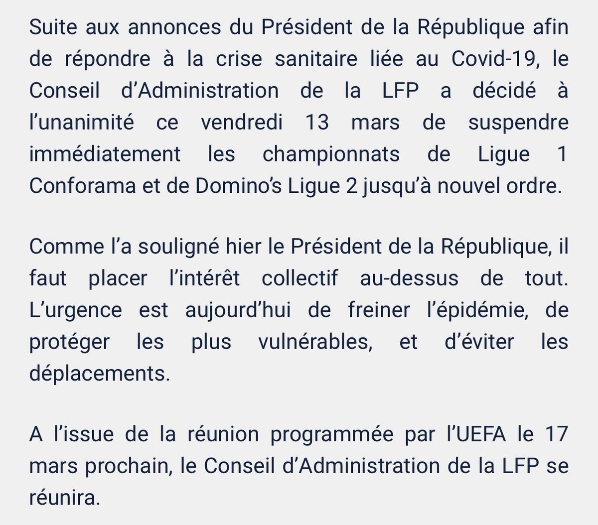 Communiqué de la LFP, qui annonce la suspension de la Ligue 1 et de la Ligue 2 jusqu’à nouvel ordre. #PSG