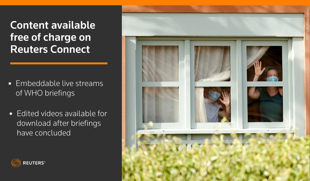 ReutersPR's tweet photo. Media organizations can now access @Reuters embeddable live streams of WHO #coronavirus briefings and edited videos free of charge within Reuters Connect https://t.co/uRMUhrbRmd #COVID19 https://t.co/9Qw9rl5bfx