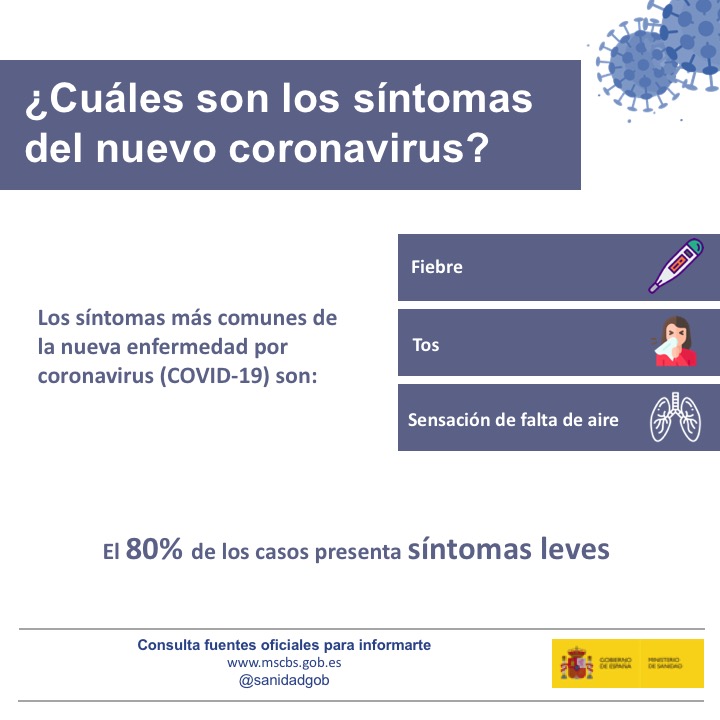 Nuevo #Coronavirus ¿Cuáles son los síntomas? 

Más comunes son:
🤒fiebre
😩tos
😱sensación de falta de aire

Tú RT ayuda a transmitir calma.
🔵 Consulta fuentes oficiales  
📍 Vía:<a href="/SaludPublicaEs/">Salud Pública</a> ➕ Web 👇
bit.ly/3aM1C9i