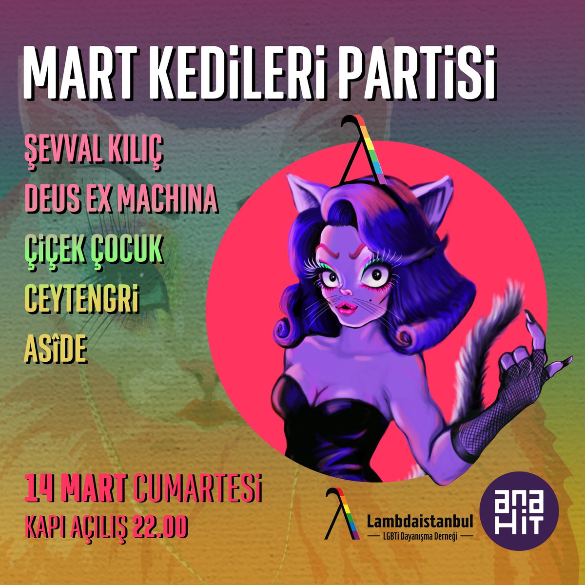 ''2020 Mart Kedileri Partisi''nde buluşuyoruz 😽

facebook.com/events/1399187…

<a href="/lambda_istanbul/">Lambdaistanbul LGBTİ+ Dayanışma Derneği</a> #çoksesçokrenk