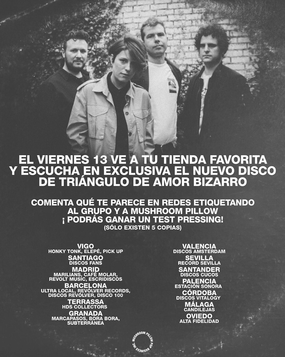 🎵ESCUCHA EL NUEVO DISCO DE <a href="/TABIZARRO/">TRIÁNGULODEAMORBIZARRO</a> ANTES QUE NADIE 🎵

❗️Este viernes 13 visita alguna de estas tiendas y podrás ganar un test pressing si comentas que te ha parecido el disco en #TestTAB mencionando a <a href="/TABIZARRO/">TRIÁNGULODEAMORBIZARRO</a> y <a href="/MushroomPillow/">Mushroom Pillow</a>❗️

🏆El ganador saldrá el 16 de Marzo 🏆