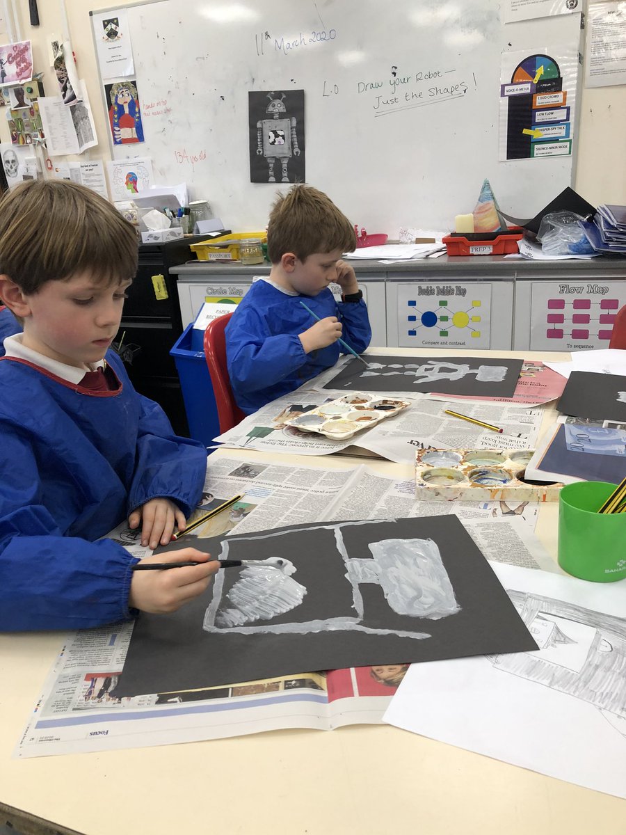 StColumbasLPrep's tweet photo. #SCCPrep2 showing they can draw and paint robots using geometric shapes. Focussing on mixing to make shades of grey and adding detail. #SCCArt https://t.co/rYaaQHH0vl