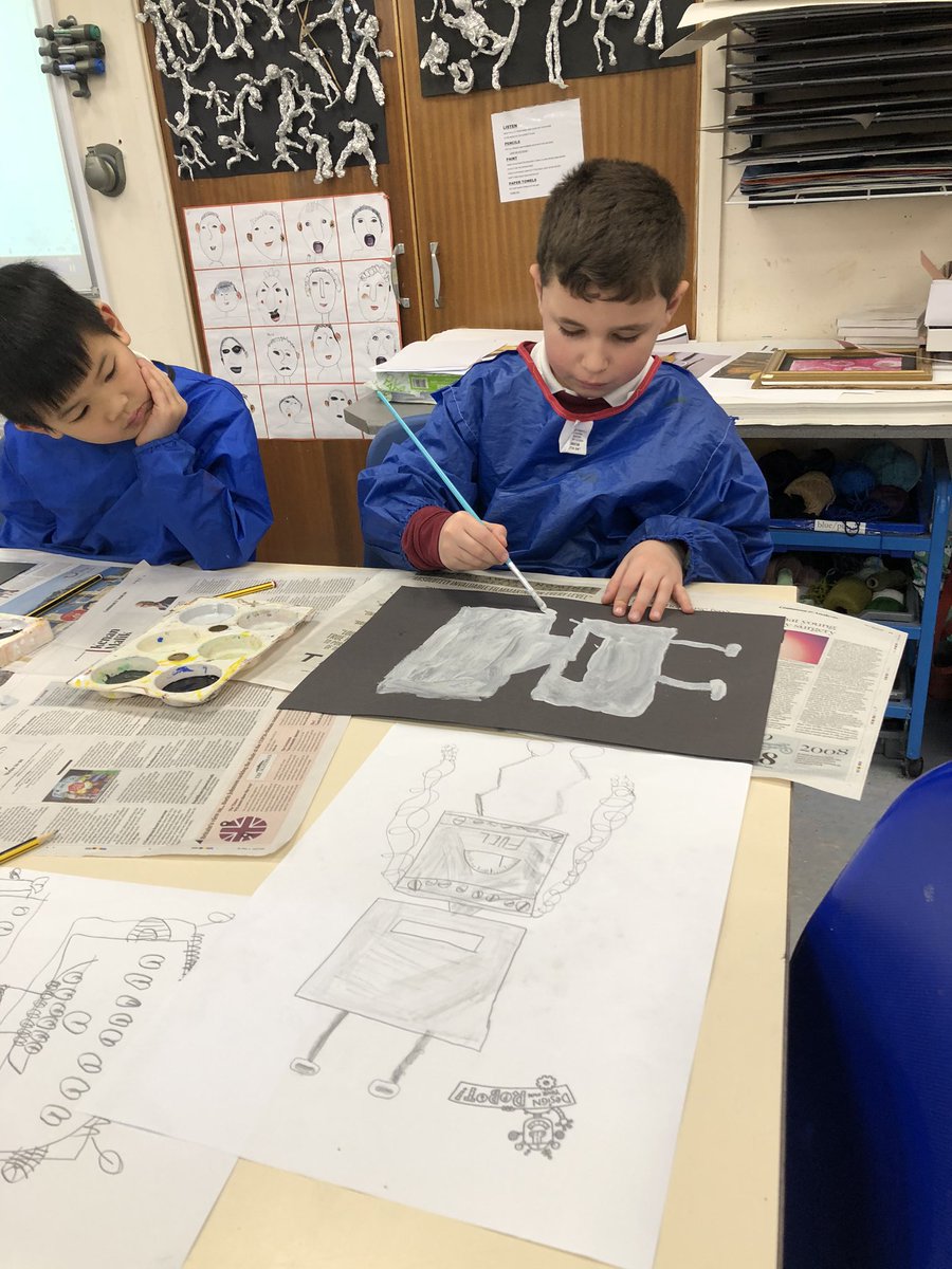 StColumbasLPrep's tweet photo. #SCCPrep2 showing they can draw and paint robots using geometric shapes. Focussing on mixing to make shades of grey and adding detail. #SCCArt https://t.co/rYaaQHH0vl