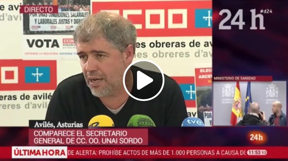 CCOO's tweet photo. 'Las medidas del Gobierno de @SanchezCastejon para paliar los efectos de #Coronavirus son acertadas, pero insuficientes'

🖥📹 Rueda de prensa de @UnaiSordo, secretario general de CCOO, junto a trabajadores de Arcelor Mittal en Avilés (@CCOOdeAsturias)
https://t.co/Lg5T96Dx0Q https://t.co/UssmnBdcbo