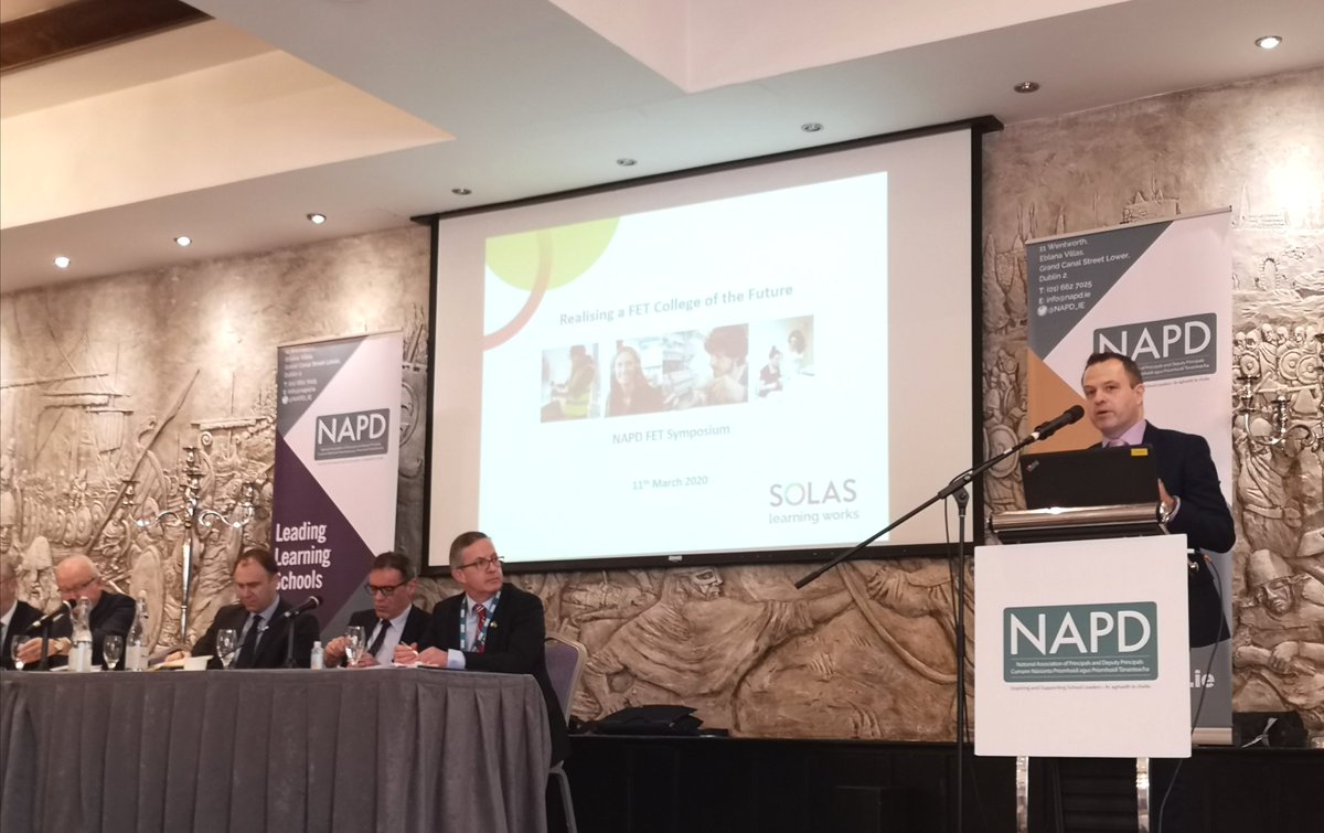 DrennanMorris's tweet photo. @SOLASFET @andrewbrownlee7 at the #NAPDFET Symposium outlines key ideas underpinning the forthcoming FET Strategy. A social responsibility dimension evident in a vision of FET centres as community resources and incorporation of sustainable development principles. https://t.co/FoQ8zflq6q