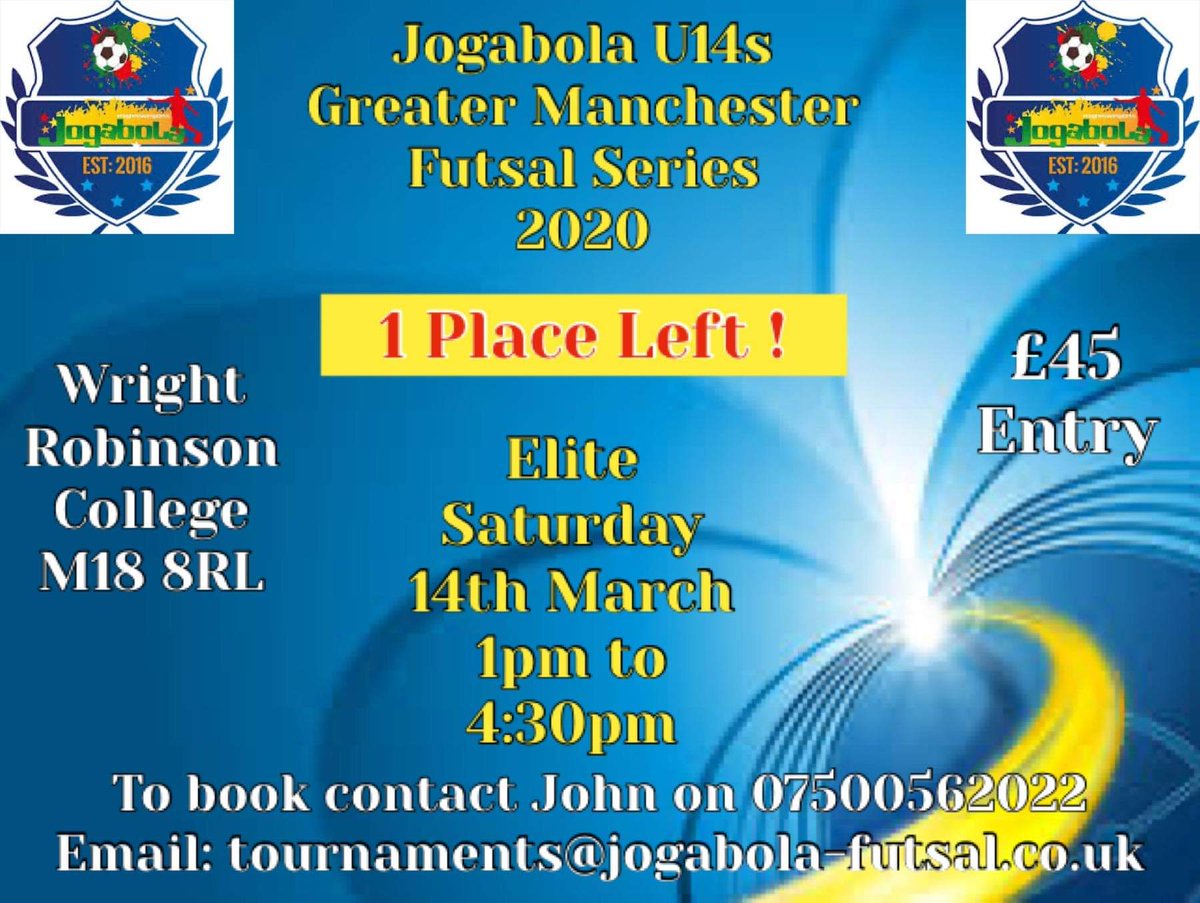 Coming This Weekend!
⚽️Jogabola U14s Greater Manchester Futsal Series. Due to a late cancellation Jogabola has 1 place remaining in our U14s Elite group If you would like to enter your team to play the best across the North West please contact John on 07500562022.