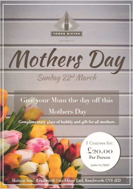#MothersDaygifts Treat your mum to a lovely lunch. Free glass of bubbly and a gift for every mum - booking is required 01926 855957 | ellie@hi-kenilworth.com