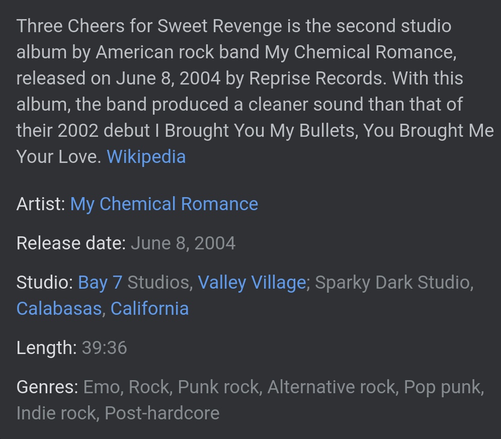Three Cheers for Sweet Revenge — My Chemical RomanceAlways found it interesting how well MCR is capable of telling a story and dragging inspiration from all over. Love the sound too, especially all the crazy vocals and guitar riffs. Big inspiration.