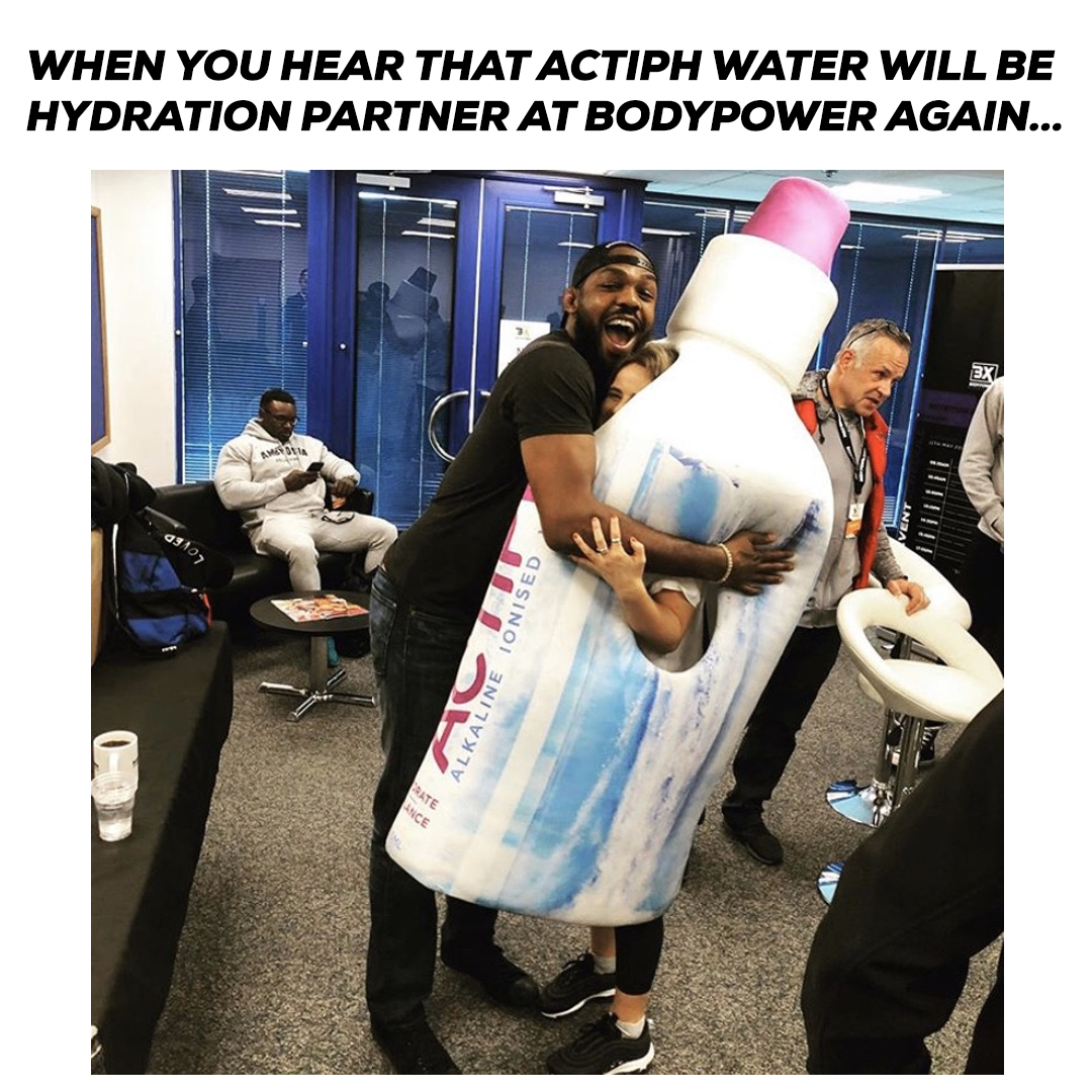 Jon Jones is a mood when you find out @ACTIPHWater are back as BodyPower’s Official Hydration Partner, sorting everyone out for drinks over the weekend again! 💦 #ACTIPHWater #HydrationStation #Hydration #drinkwater