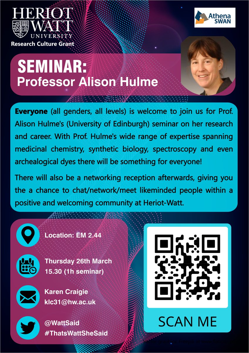 We are delighted to announce we've rescheduled our seminar with Prof. Alison Hulme for March 26th! Scan QR code below or go to shorturl.at/mnoqT to register. 
<a href="/HWUEPS_PGR/">EPS PGR</a> <a href="/HWU_EPS/">Heriot-Watt Research@EPS</a> <a href="/HW_PPICSS/">PPICSsoc</a> <a href="/PoBBBS/">PoBBBS</a> <a href="/HWUAthenaSwan/">HWU - AthenaSwan</a> <a href="/HW_RFA/">HW Research Futures Academy</a> <a href="/WattWomen/">Watt Women in STEM</a> <a href="/HWU_pdf/">Heriot-Watt Postdoc Forum</a> <a href="/chemsochwu/">Heriot Watt Chemistry Society</a> <a href="/ISSS_Society/">HWU- ISSS Society</a>