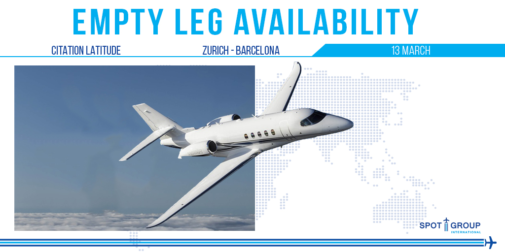 Spot_Group's tweet photo. Check our empty leg availability from #Zurich city to #Barcelona, onboard of #CitationLatitude.
For more destinations and more flights, head to our website: https://t.co/YJpXsvLeGH
For booking, please, contact: sales@flyspotair.com
#EmptyLeg #bizav #jetavailability https://t.co/dktKHpwCdY