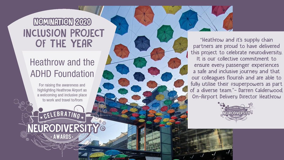 geniuswithinCIC's tweet photo. We just #Love our #nominees this year! One for #InclusionProjectOfTheYear is the beautiful @ADHDFoundation &amp; @HeathrowAirport Umbrella Project 🌈😍☂️ to show the beauty of #neurodiversity! Thanks to @MaceGroup for supporting us &amp; @PDASociety  too 🤩 https://t.co/QrM73udA4J