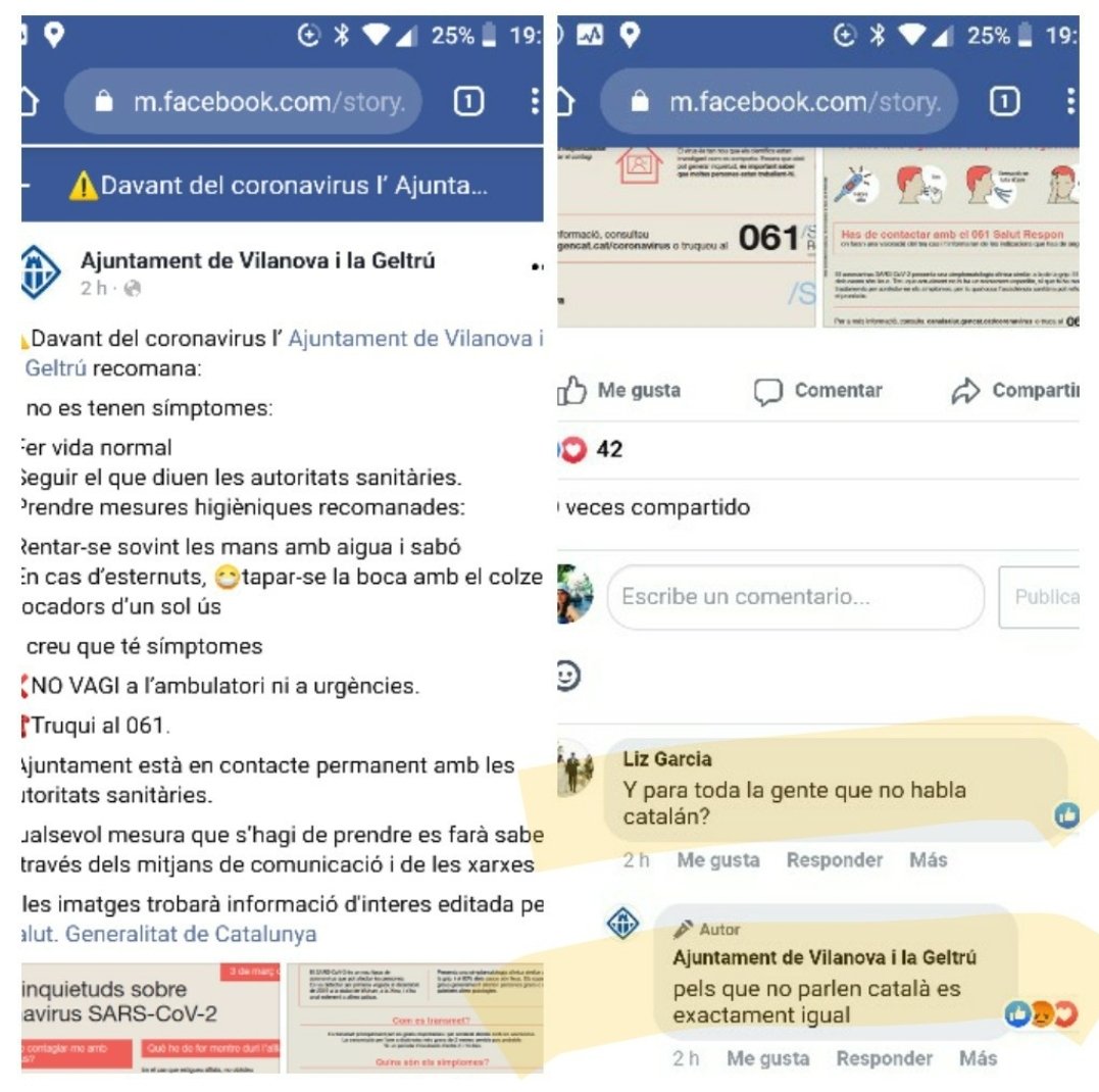 L'Ajuntament de Vilanova i la Geltrú ha publicat, en català, tota una sèrie de recomanacions per combatre el coronavirus.
Una dona els pregunta:
- "¿Y para toda la gente que no habla catalán"?
No us perdeu la resposta de l'<a href="/ajuntamentvng/">Vilanova i la Geltrú</a>!
Que grans!! 😂😂😂😂