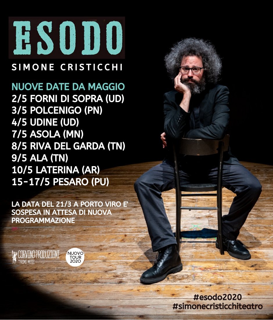 scristicchi's tweet photo. #esodo2020 Le nuove date che sostituiscono le precedenti annullate. I biglietti acquistati sono validi. Maggiori dettagli > https://t.co/rE1juUpJz6 

#CorvinoProduzioni
#simonecristicchi
#simonecristicchiteatro
#esodo https://t.co/Fz8zMrJzIT