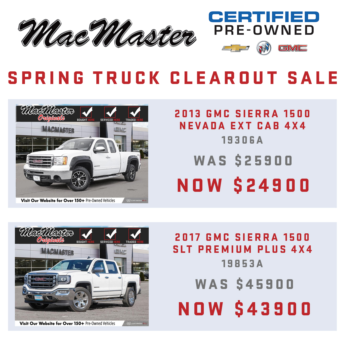Are you looking for a great deal on a Certified Pre-Owned 1500 Truck? Check out some of the deals on our Spring Truck Clearout! We have great financing available, vehicle history reports, and makes such as RAM and Ford available as well 

More inventory at macmastergm.com