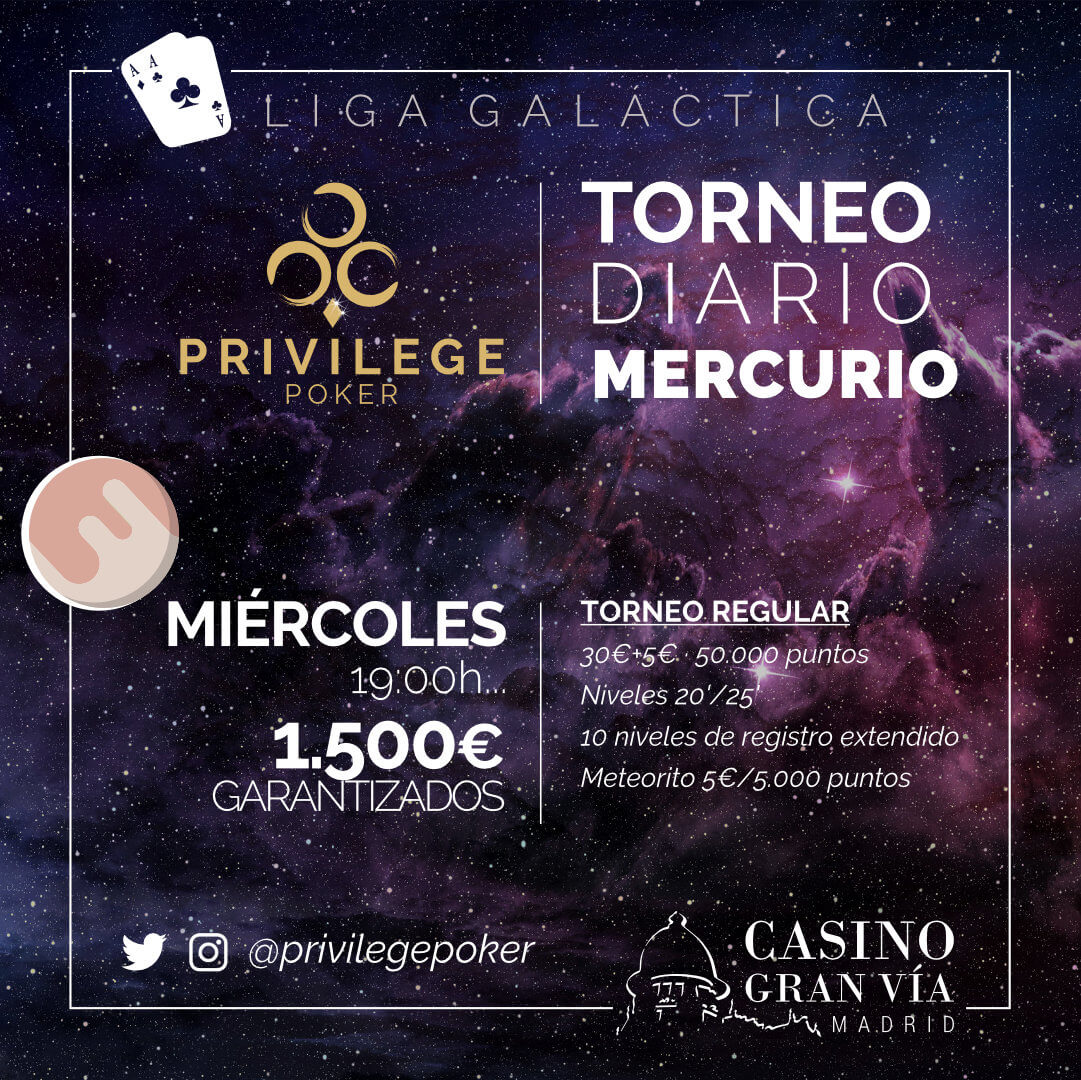 CasinoGVPoker's tweet photo. Nueva jornada de la
#LigaGaláctica🌠
TORNEO GAMMA
en @CasinoAranjuez
🎟 https://t.co/YM5pl8Fvpz
TORNEO MERCURIO
💰 €1,5K GTD en @CasinoGranVia
🎟 https://t.co/l7WkJGlKoG
#OmegaWeek https://t.co/VNc7mM0zXb